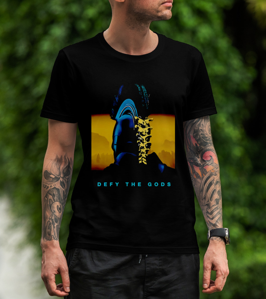 Defy The Gods Spartan Warrior Helmet Art Blue And Gold T-Shirt