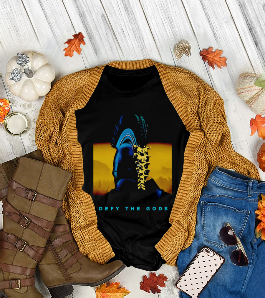 Defy The Gods Spartan Warrior Helmet Art Blue And Gold T-Shirt