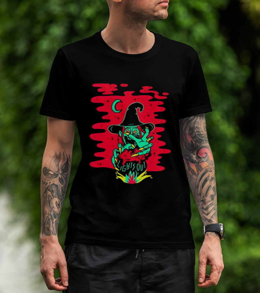 Lights Out Podcast Witch Halloween 2026 Crescent Moon T-Shirt