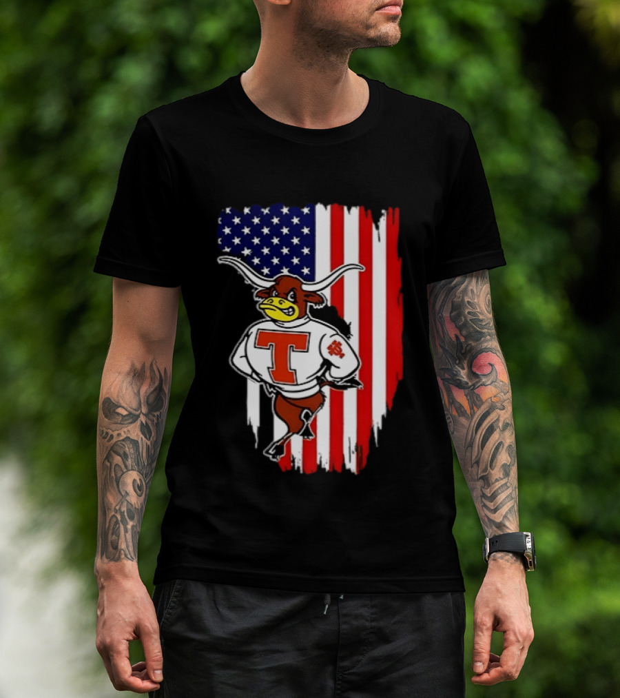 Texas Longhorns Mascot Over USA Flag T-Shirt