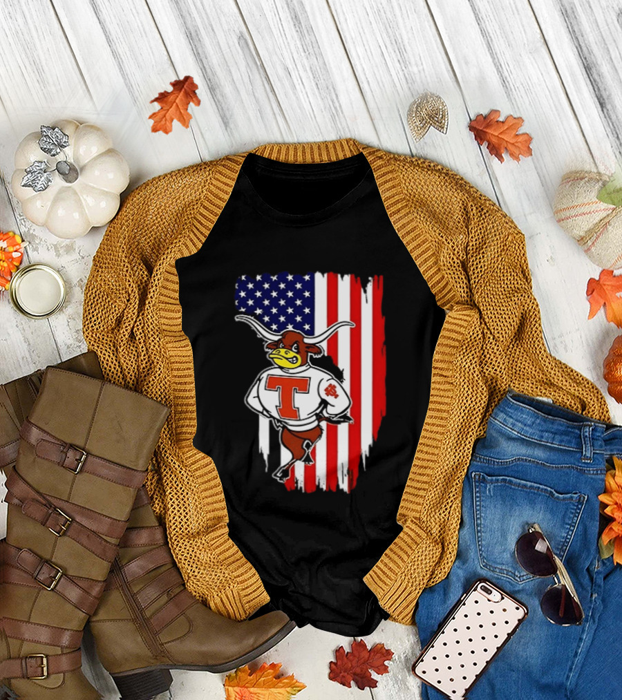 Texas Longhorns Mascot Over USA Flag T-Shirt