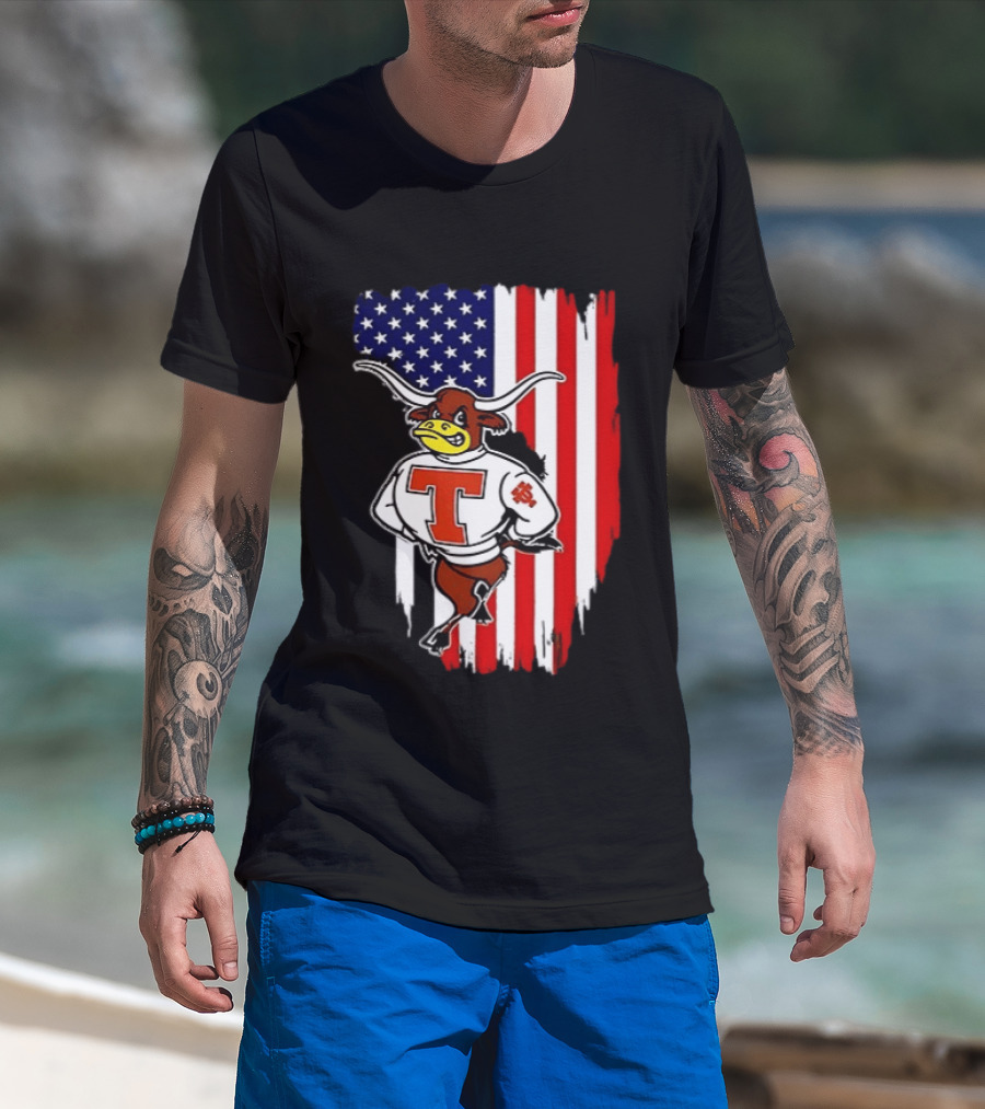 Texas Longhorns Mascot Over USA Flag T-Shirt