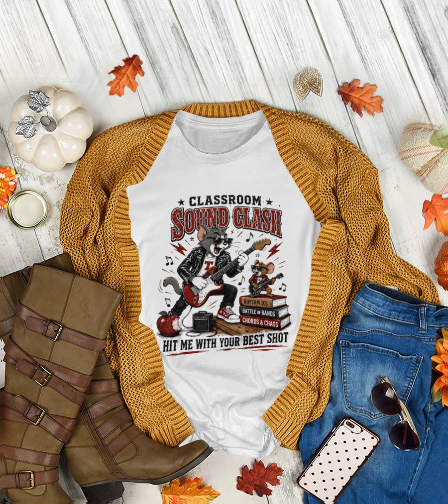 Classroom Sound Clash Hit Me With Your Best Shot Tom And Jerry Electric Guitar Battle T-Shirt