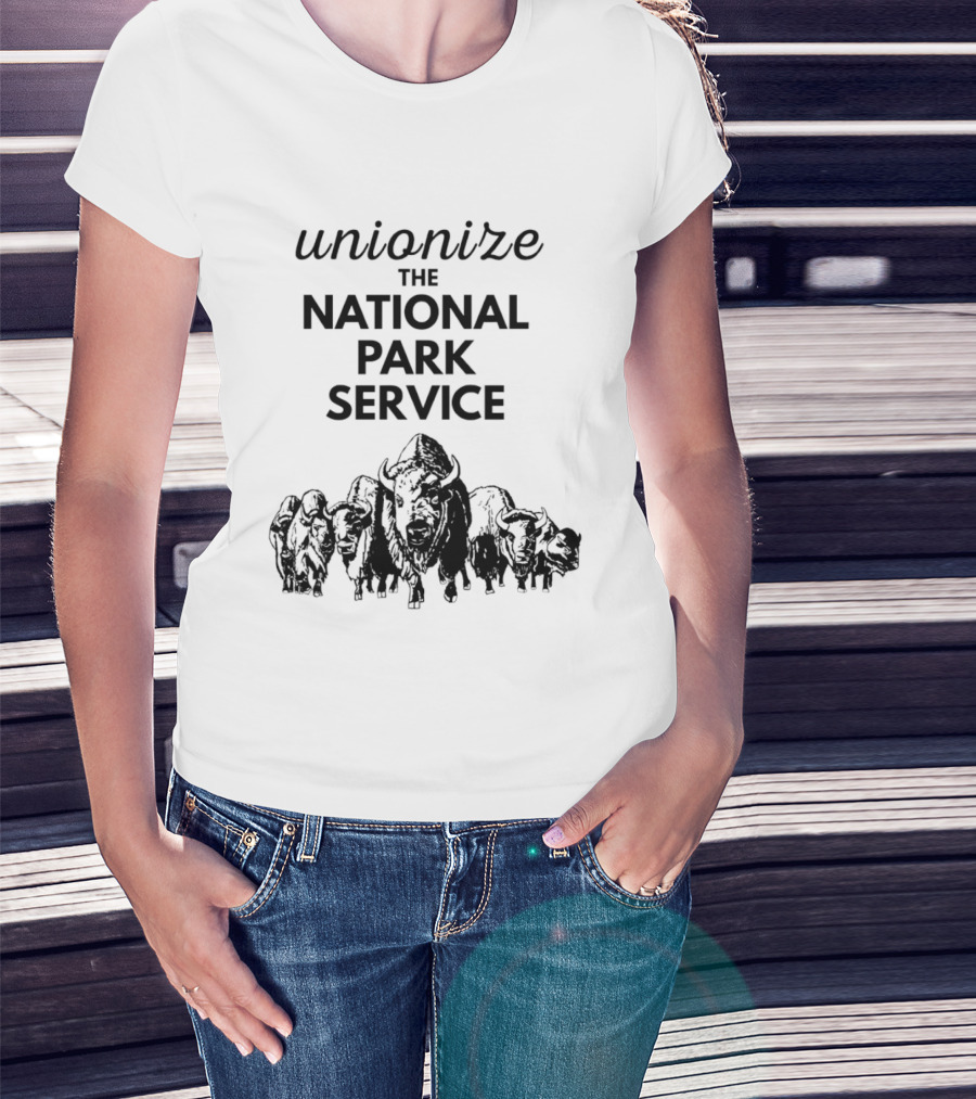 Unionize The National Park Service Bison Herd Oso Artists Orchard Button T-Shirt