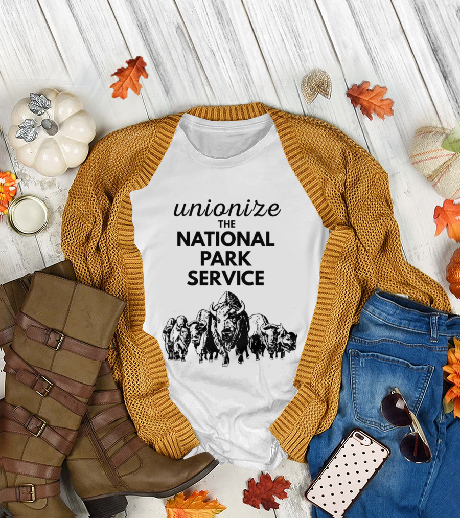 Unionize The National Park Service Bison Herd Oso Artists Orchard Button T-Shirt