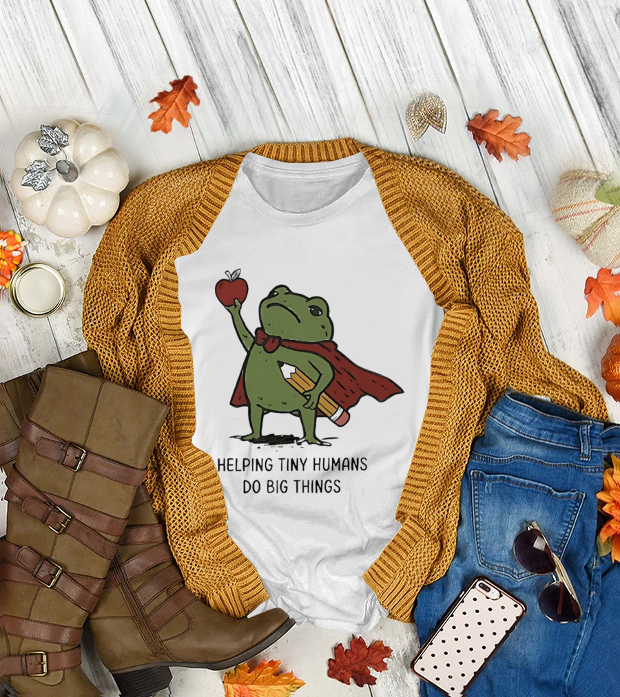 Helping Tiny Humans Do Big Things Cartoon Frog With Apple And Pencils T-Shirt