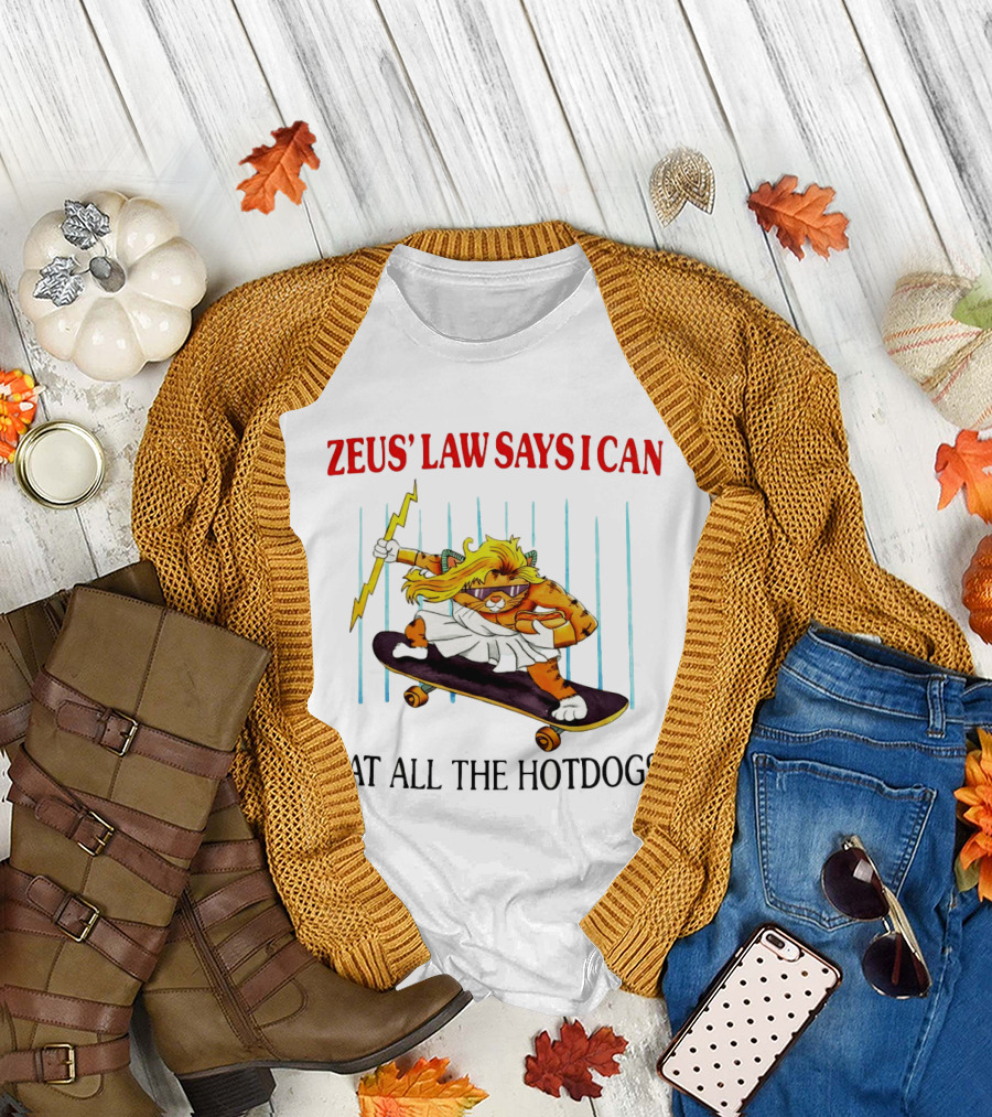 Zeus' Law Says I Can Eat All The Hotdogs Cat Holding Lightning Skateboard T-Shirt