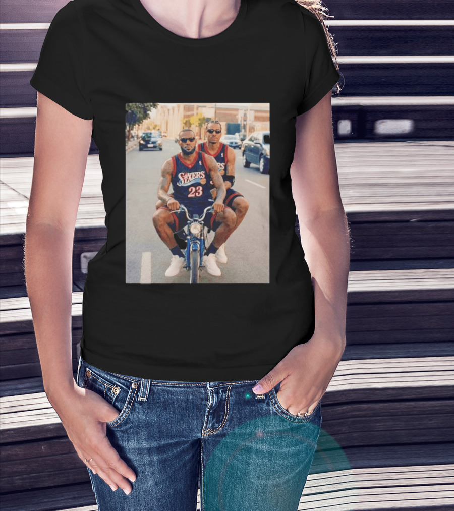 Philadelphia 76ers LeBron James Allen Iverson Duo On Bicycle T-Shirt