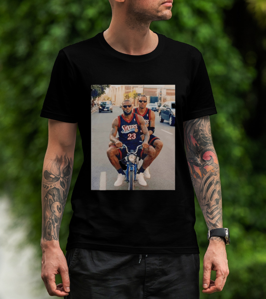 Philadelphia 76ers LeBron James Allen Iverson Duo On Bicycle T-Shirt