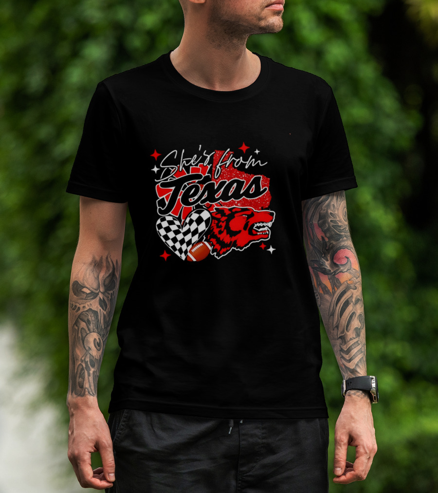 Cheerleading Texas Football Wolf She's From Texas Heart Checkered Ball Stars T-Shirt