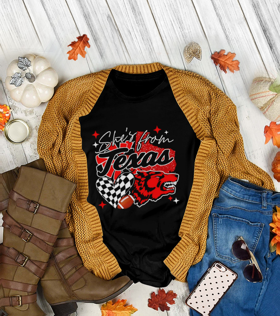Cheerleading Texas Football Wolf She's From Texas Heart Checkered Ball Stars T-Shirt