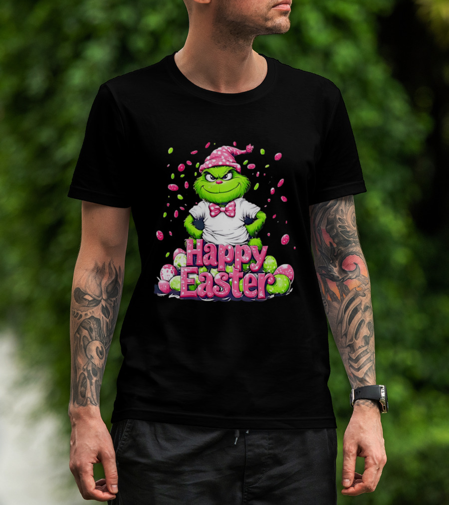 Happy Easter Grinch In Festive Hat With Colorful Eggs T-Shirt