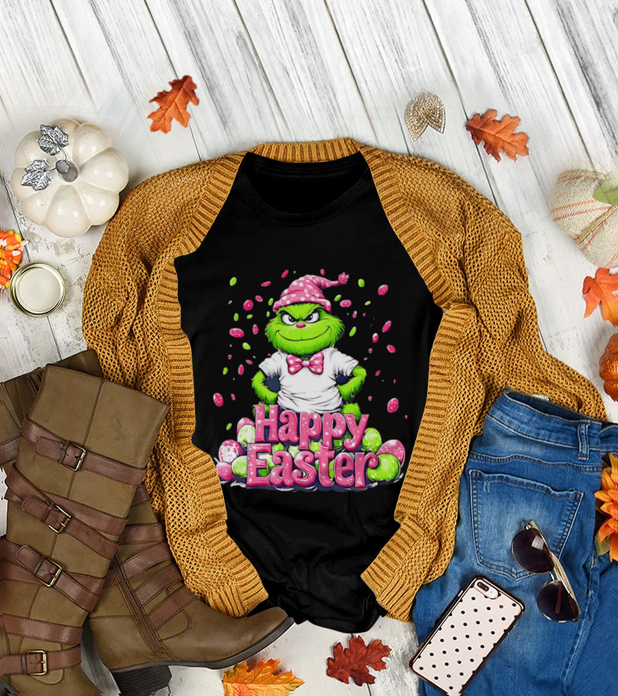 Happy Easter Grinch In Festive Hat With Colorful Eggs T-Shirt
