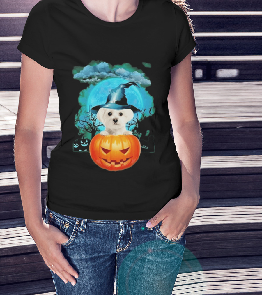 Happy Halloween White Maltese Witch Hat Pumpkin Blue Moon T-Shirt