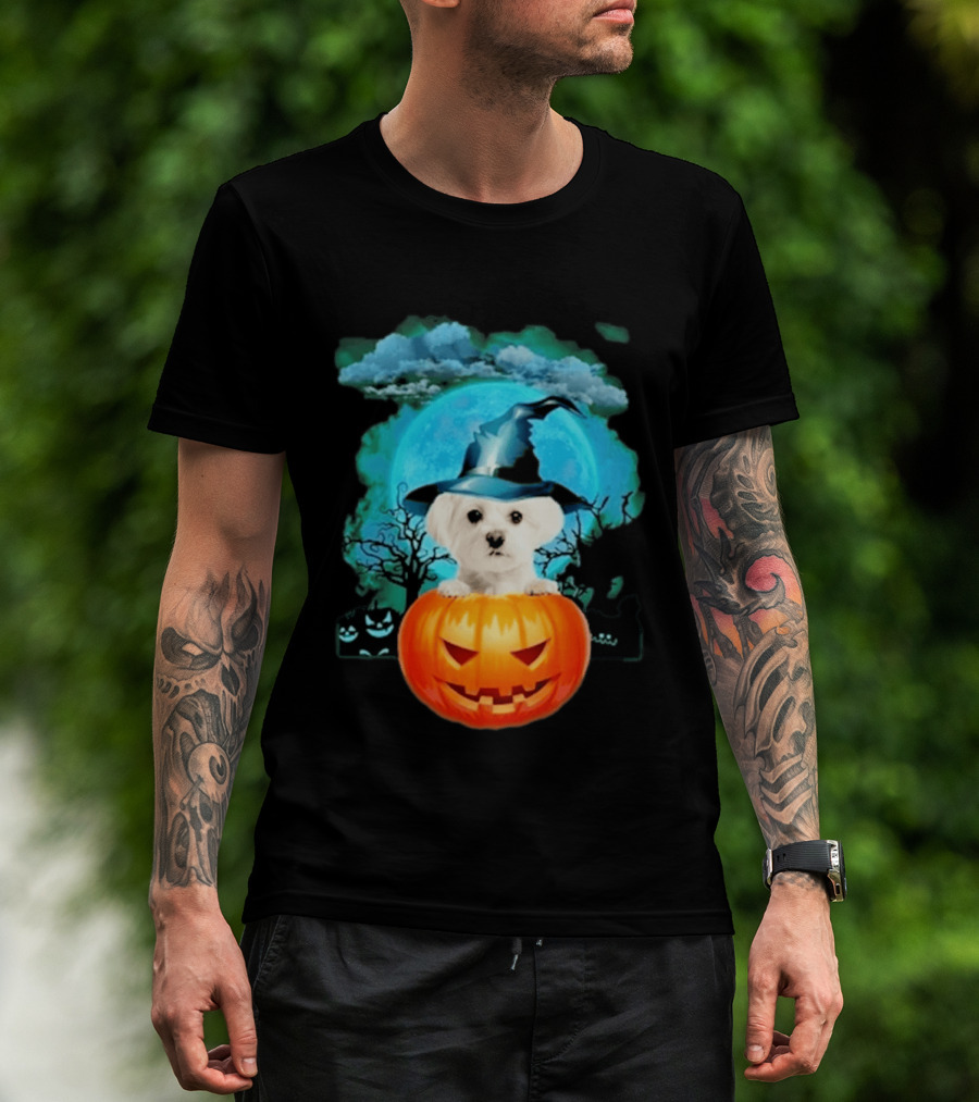 Happy Halloween White Maltese Witch Hat Pumpkin Blue Moon T-Shirt