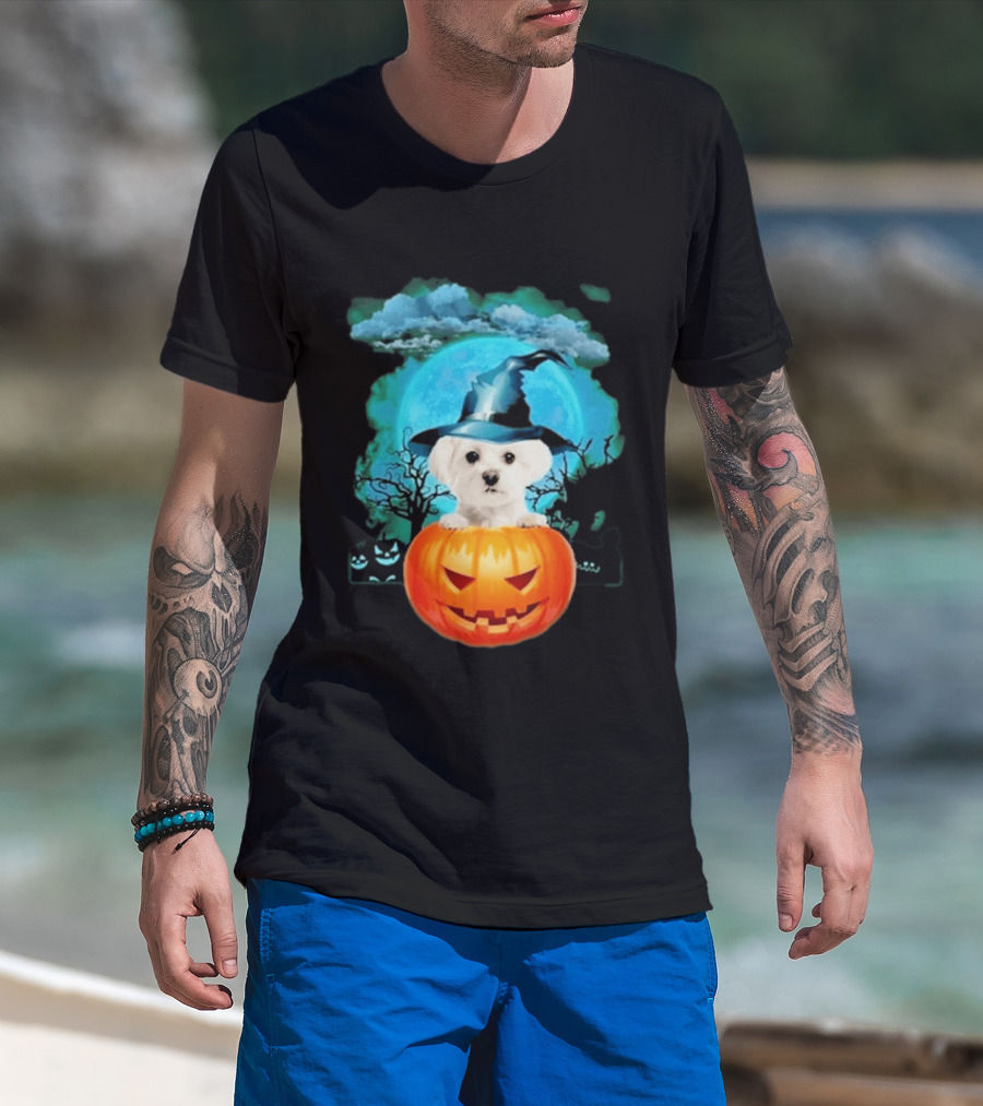 Happy Halloween White Maltese Witch Hat Pumpkin Blue Moon T-Shirt