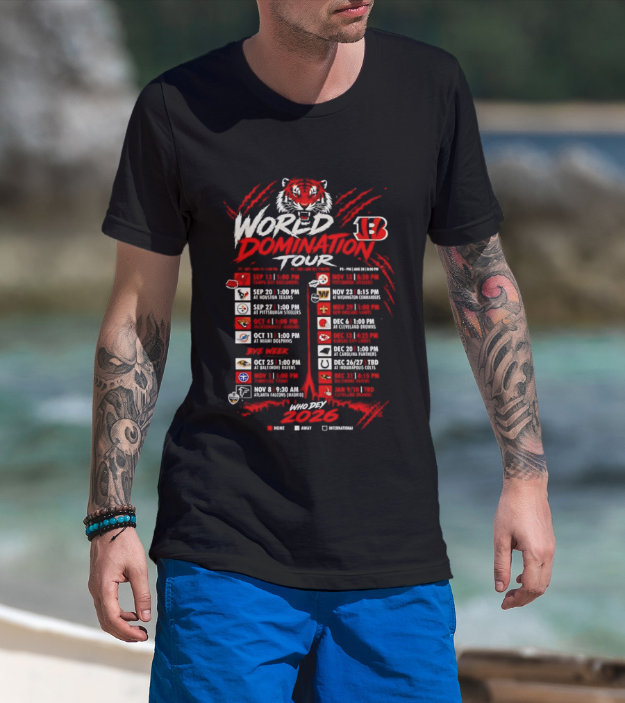 Cincinnati Bengals World Domination Tour 2026 Schedule Featuring Iconic Tiger Graphic And Team Logos T-Shirt