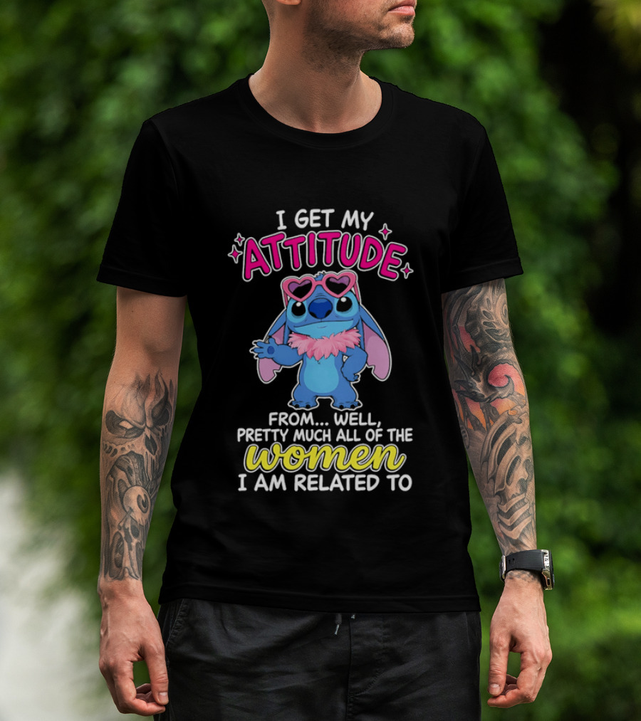 I Get My Attitude From Pretty Much All Of The Women I Am Related To Cute Blue Cartoon Character With Pink Accessories T-Shirt