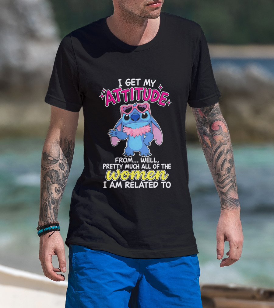 I Get My Attitude From Pretty Much All Of The Women I Am Related To Cute Blue Cartoon Character With Pink Accessories T-Shirt