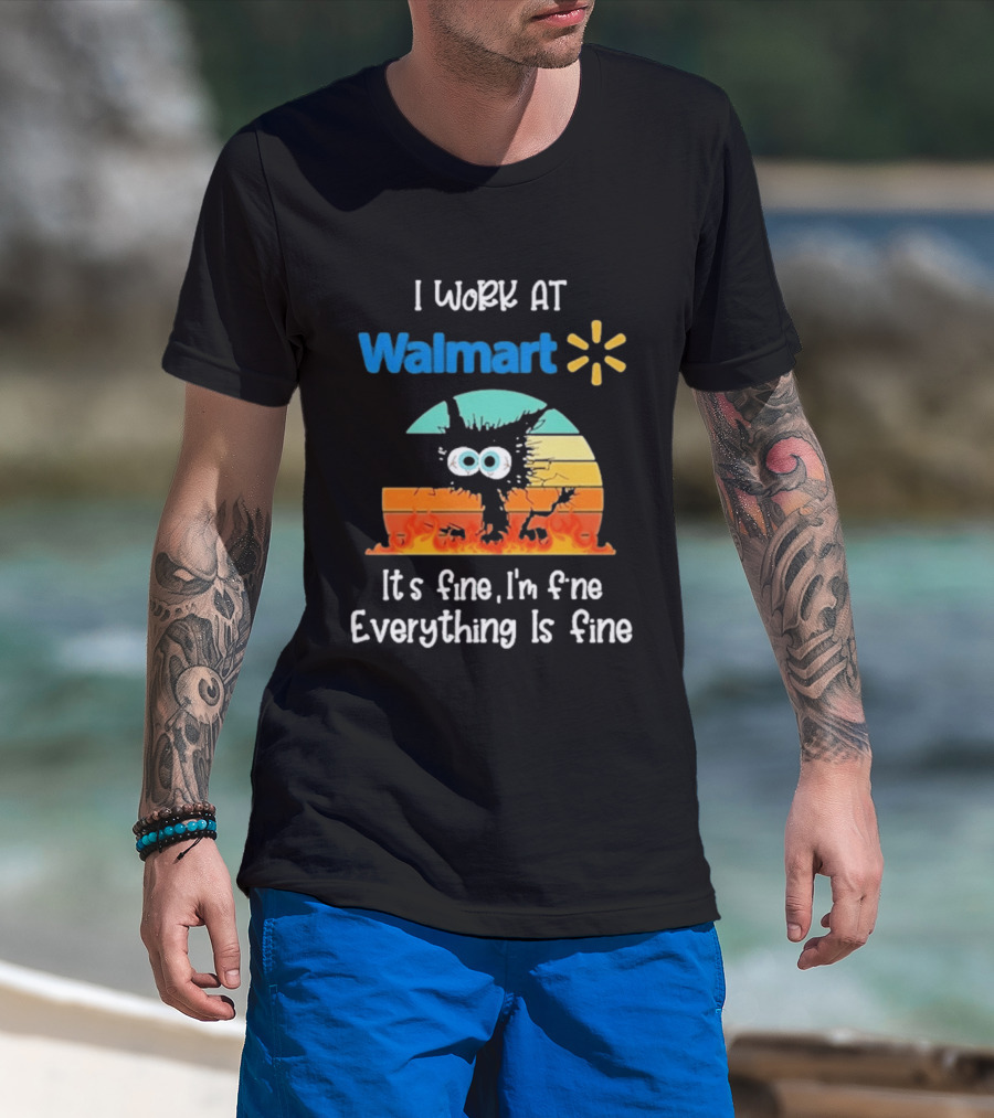 I Work At Walmart Its Fine Im Fine Everything Is Fine Emoji Wall Crack Puzzle T-Shirt