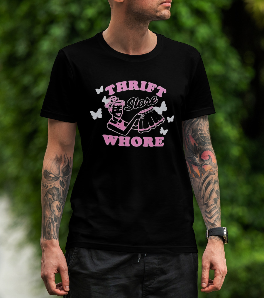 Thrift Store Whore Retro Feminine Fun Pink Butterfly T-Shirt