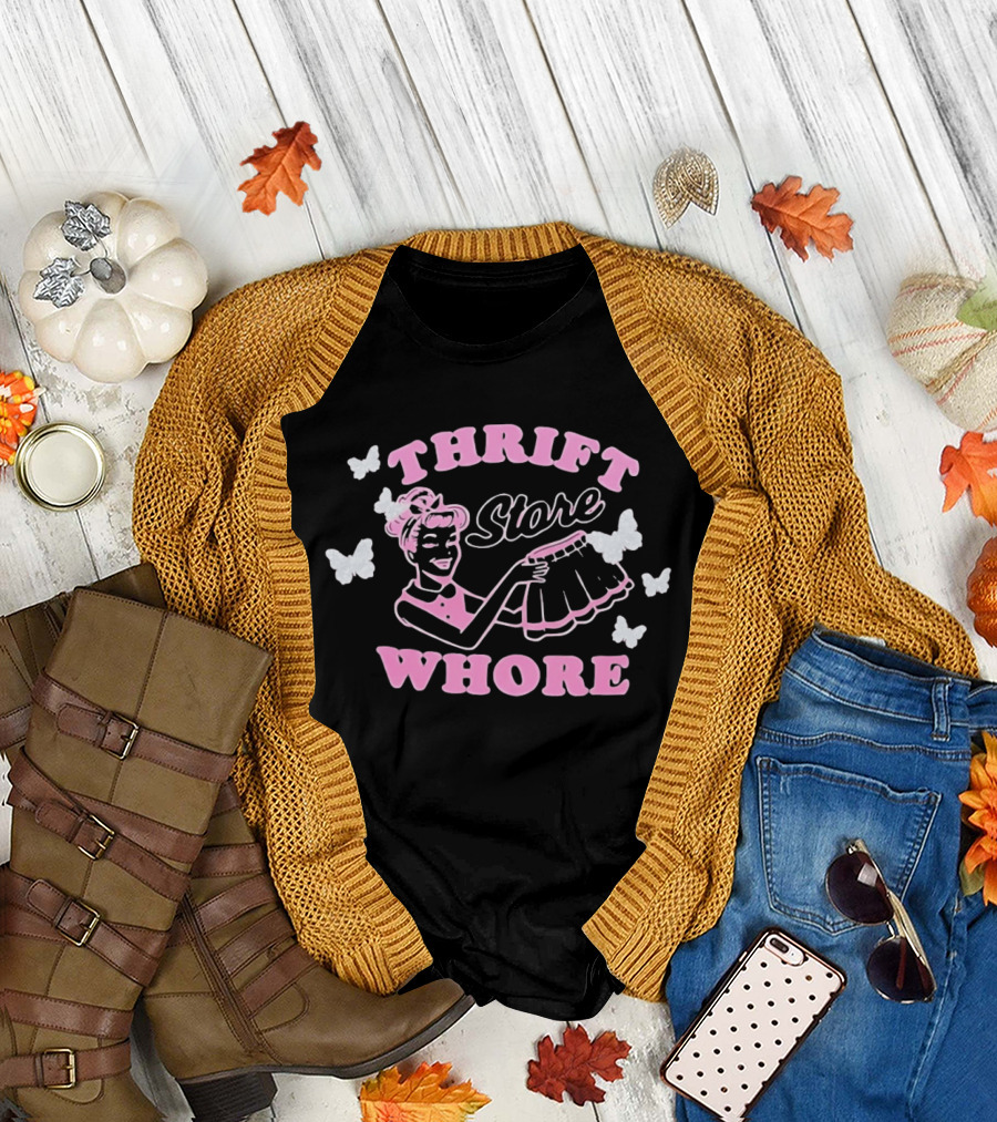 Thrift Store Whore Retro Feminine Fun Pink Butterfly T-Shirt
