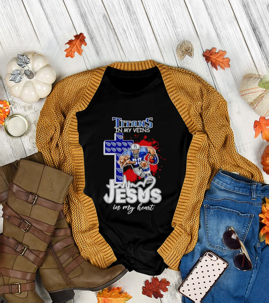 Titans In My Veins Jesus In My Heart Football Player Cross T-Shirt