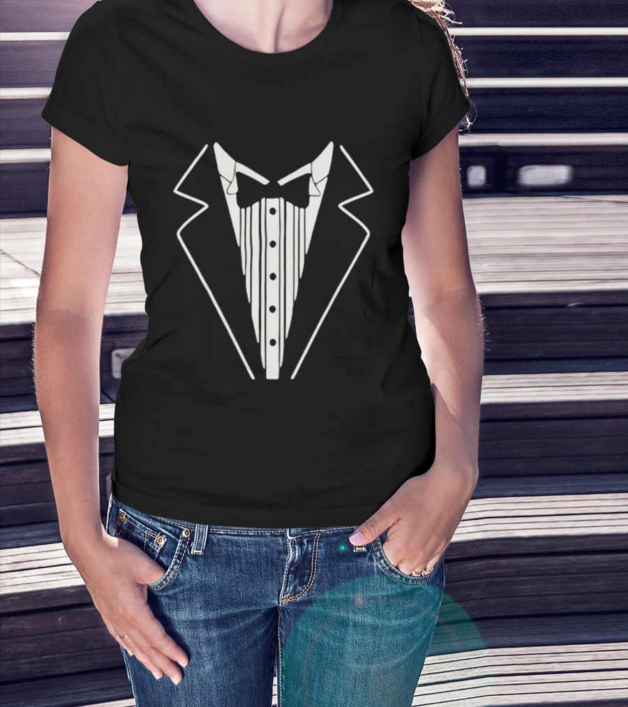 Tuxedo Suit Formal Wear Costume Tux Bow Tie Buttons T-Shirt