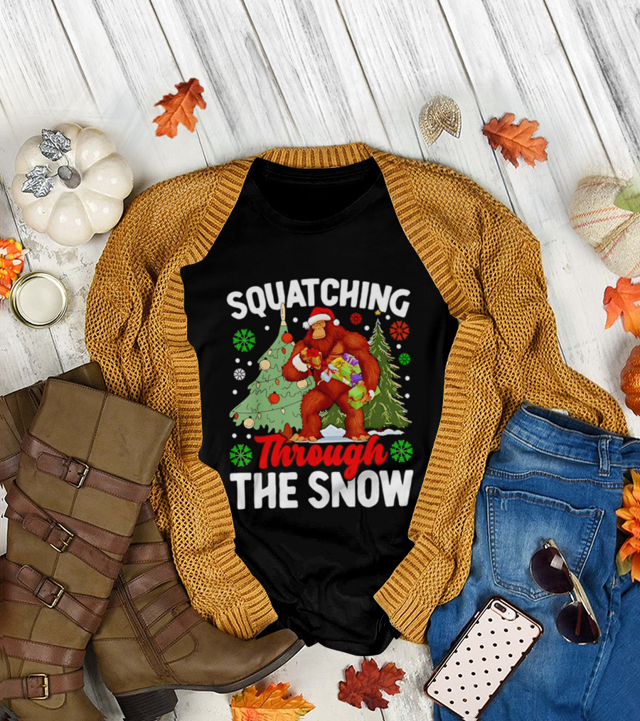 Squatching Through The Snow Bigfoot Christmas Tree Holiday Santa Big Foot T-Shirt