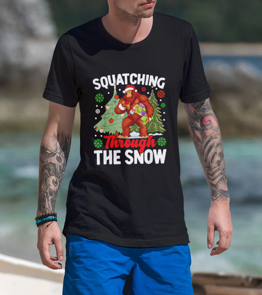 Squatching Through The Snow Bigfoot Christmas Tree Holiday Santa Big Foot T-Shirt