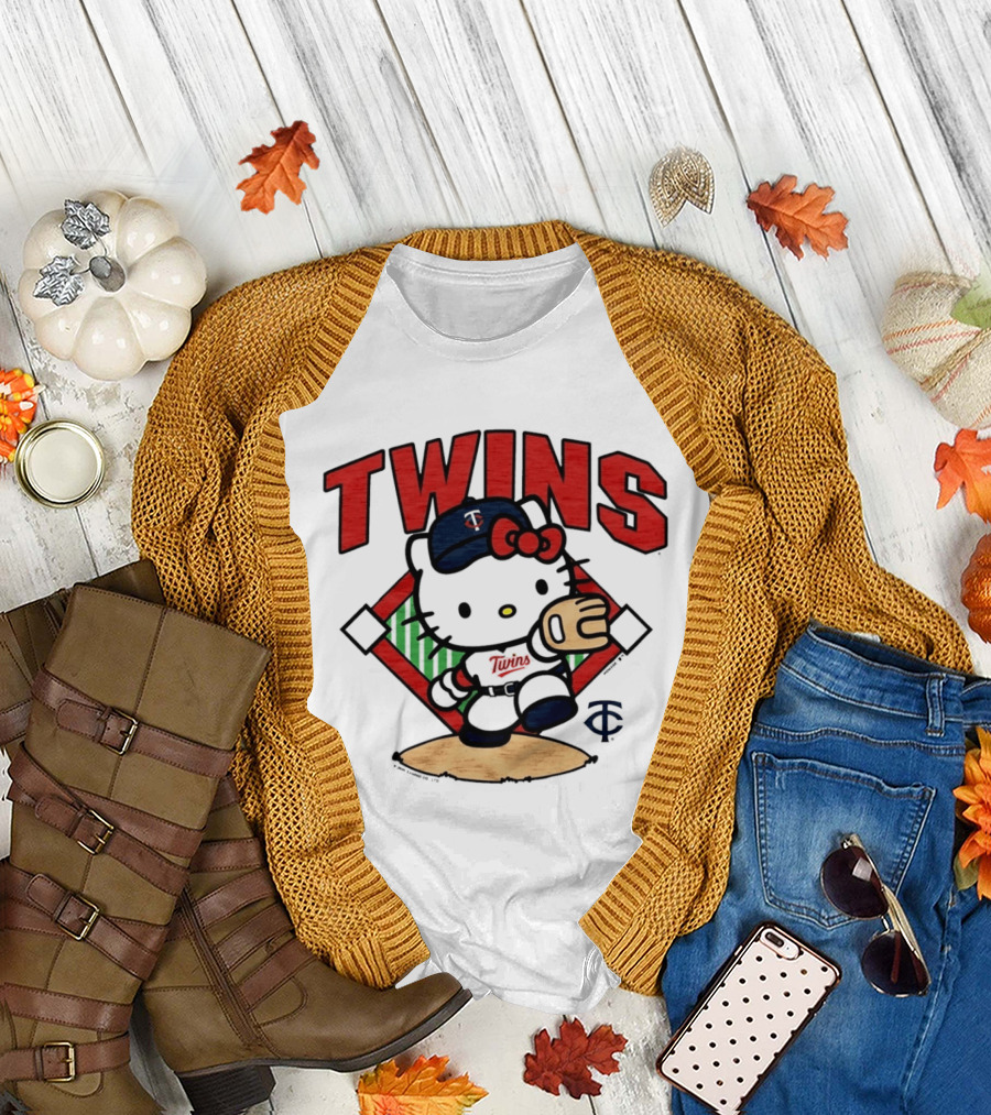 Hello Kitty Twins Baseball Distressed MLB Player Cartoon T-Shirt