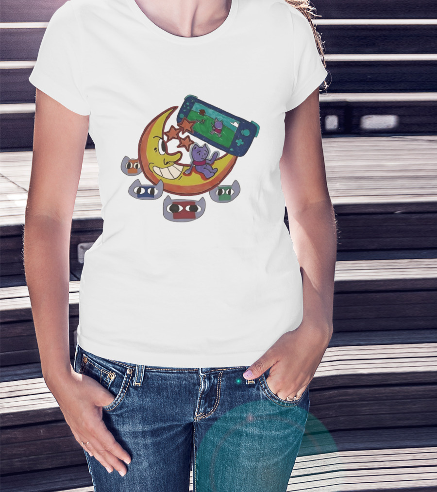Cartoon Moon And Cat Playing Game With Stars And Colorful Masks T-Shirt