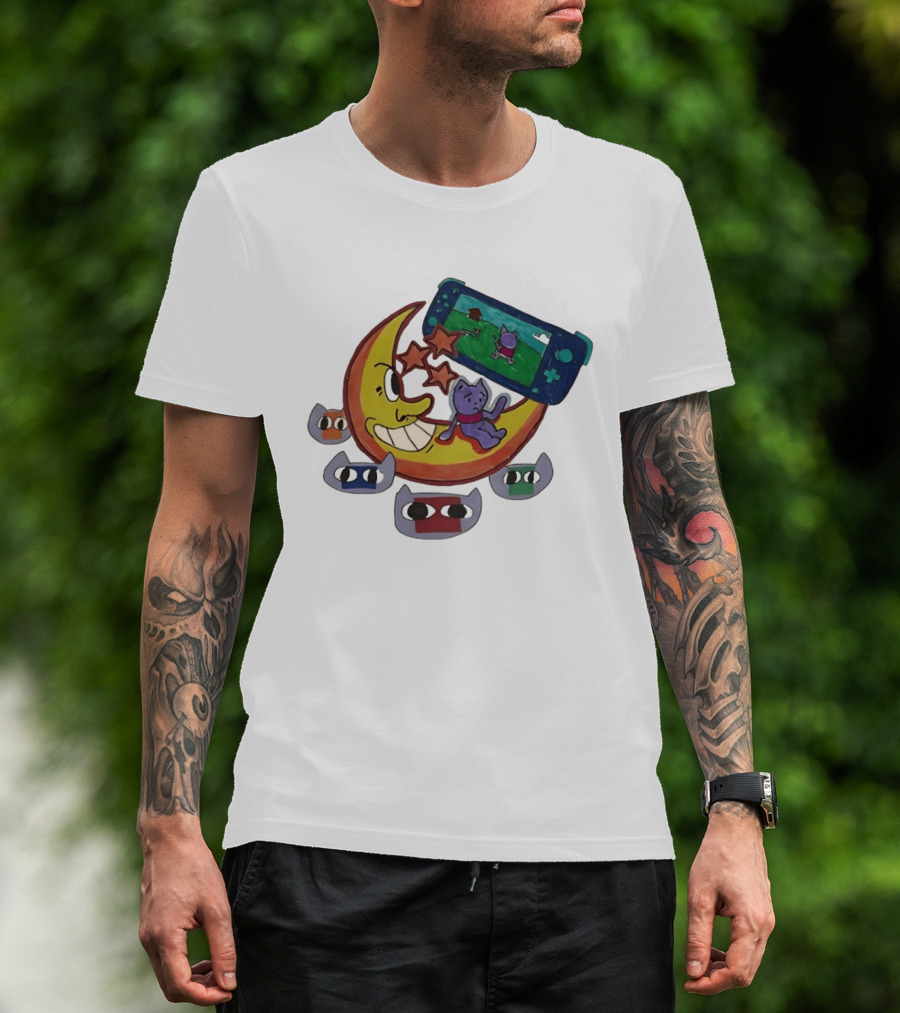 Cartoon Moon And Cat Playing Game With Stars And Colorful Masks T-Shirt