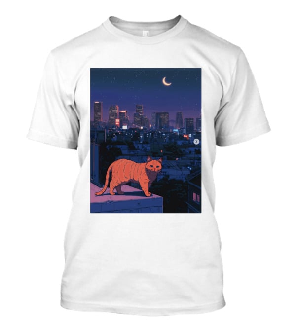 Orange Tabby Cat Under Night Sky Overlooking City Skyline With Crescent Moon T-Shirt