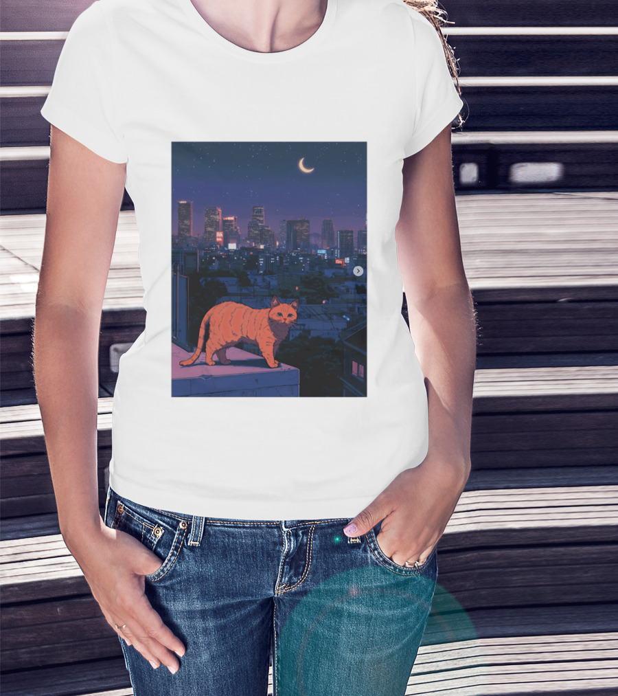 Orange Tabby Cat Under Night Sky Overlooking City Skyline With Crescent Moon T-Shirt