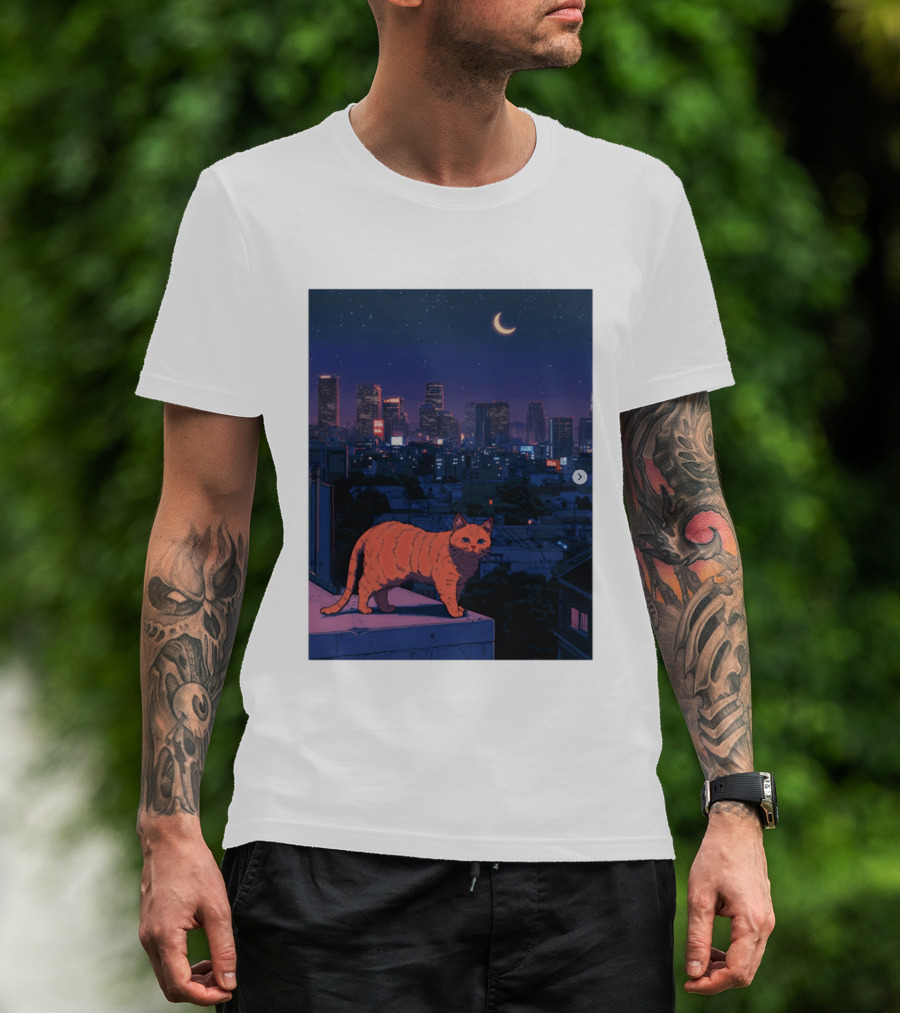 Orange Tabby Cat Under Night Sky Overlooking City Skyline With Crescent Moon T-Shirt