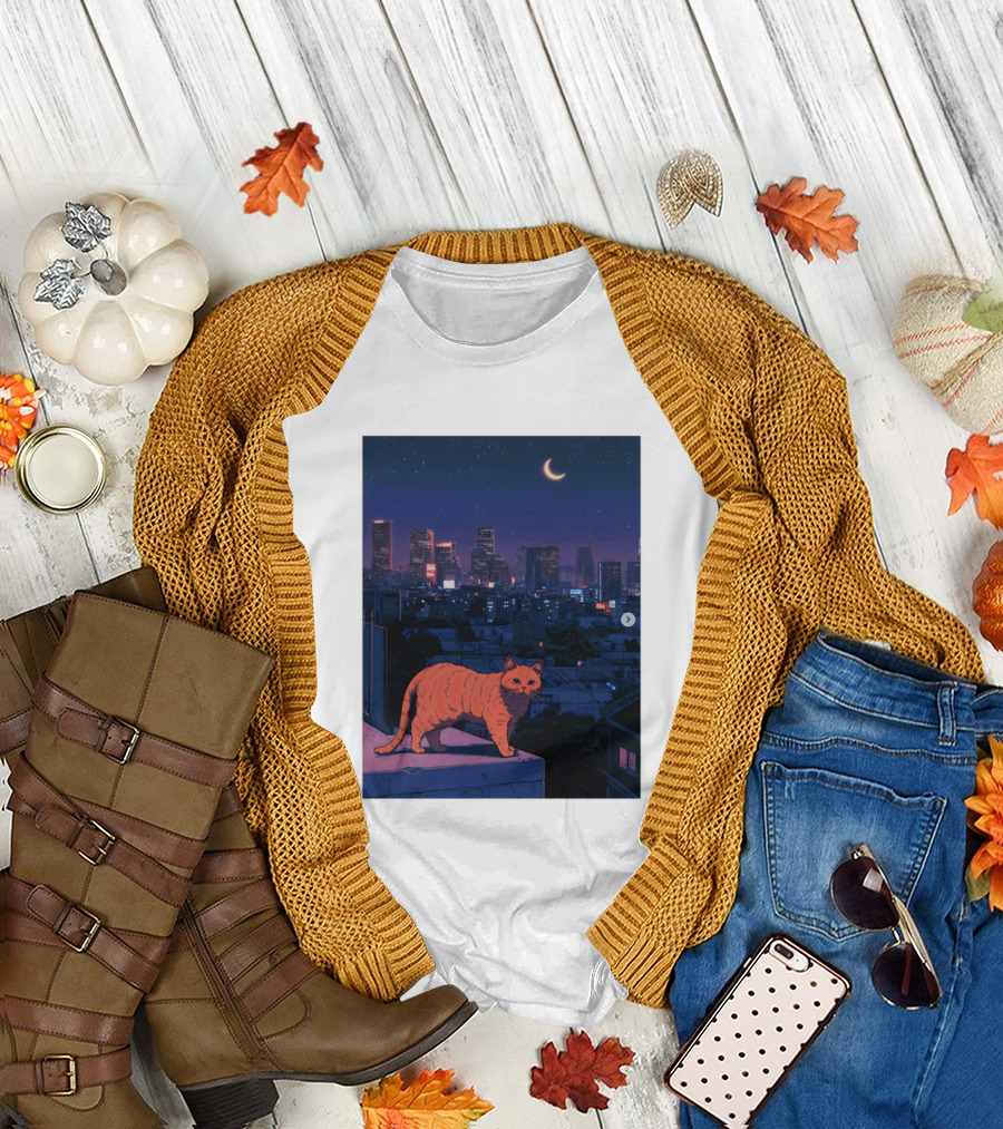 Orange Tabby Cat Under Night Sky Overlooking City Skyline With Crescent Moon T-Shirt