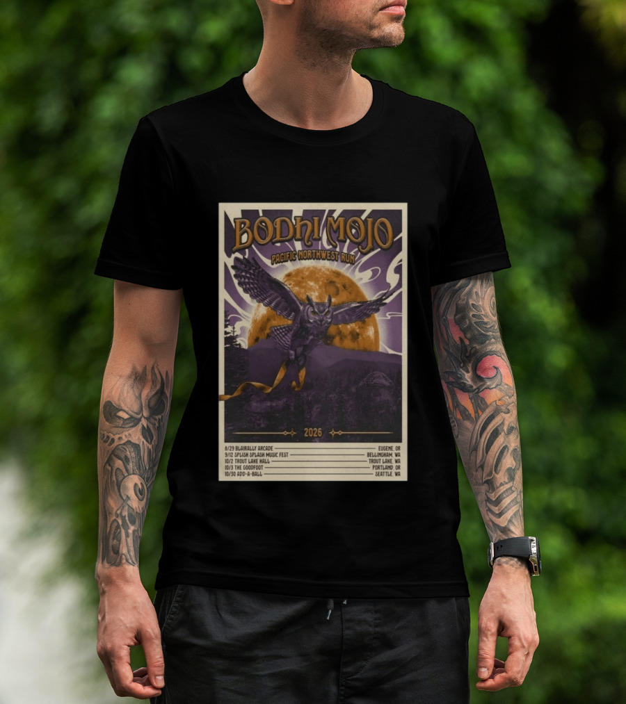 Bodhi Mojo Pacific Northwest Run 2026 Tour Owl Illustration Dates And Locations T-Shirt