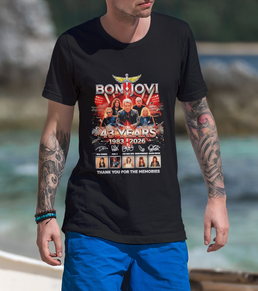 Bon Jovi 43 Years Celebration 1983 2026 Thank You For The Memories Signatures T-Shirt