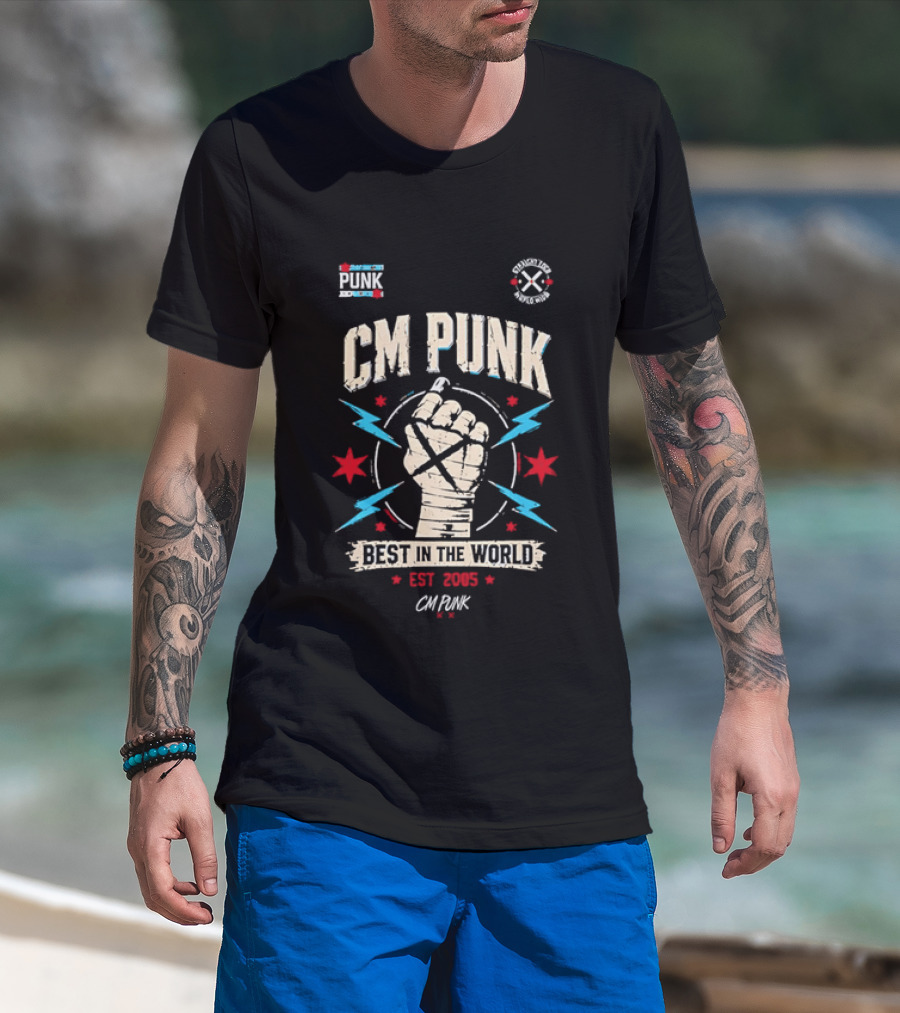 CM Punk Fist Best In The World Est 2005 Stars And Lightning T-Shirt