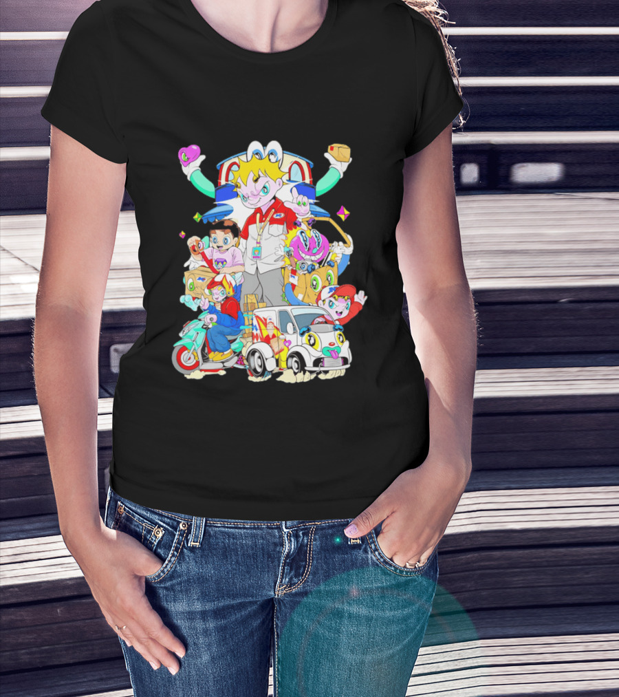 JNE Express Delivery Cartoon Characters And Van Fun Anime T-Shirt