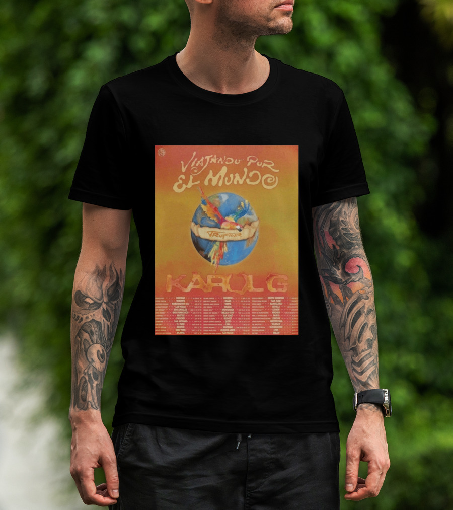 Karol G Viajando Por El Mundo Tropitour 2026 World Tour Dates Colorful Parrot T-Shirt