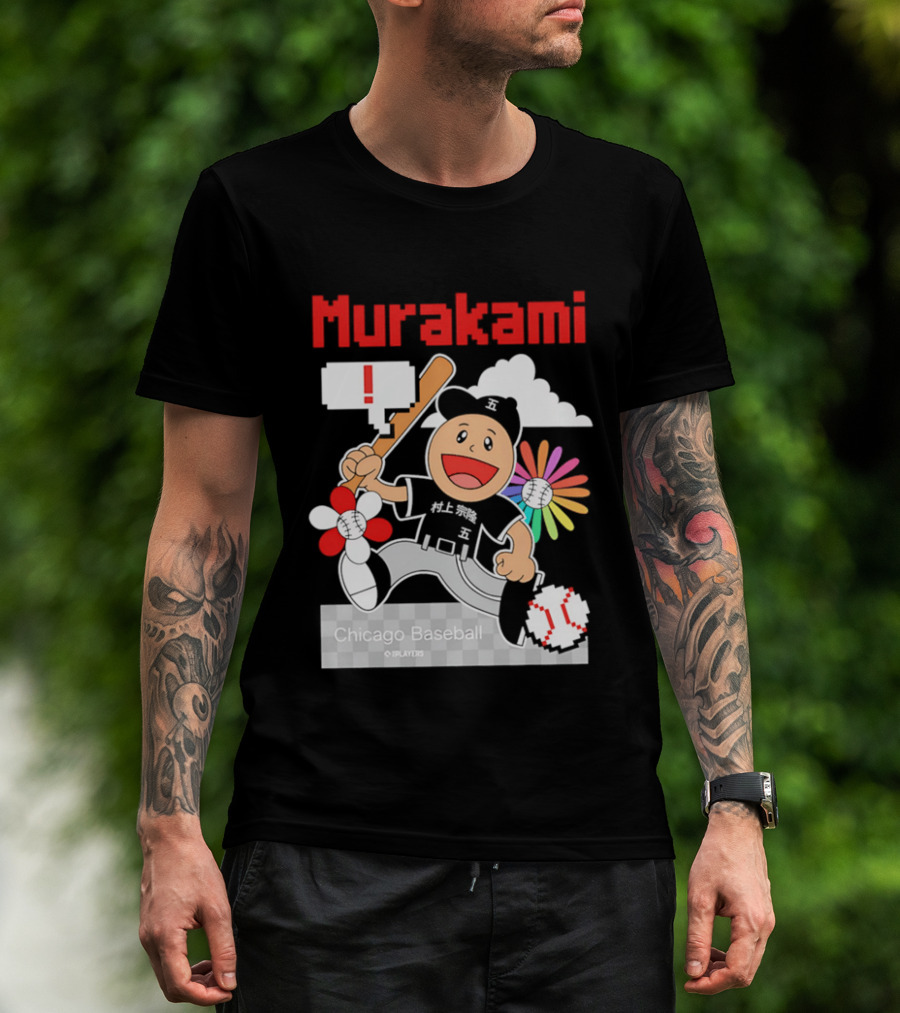 Murakami Chicago Baseball IPlayers Animated Character Flower Motif T-Shirt