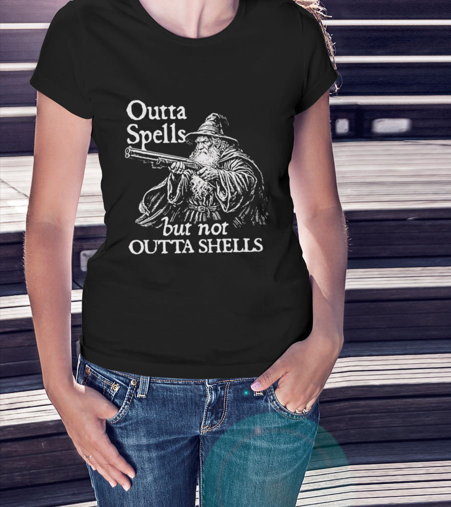 Outta Spells But Not Outta Shells Wizard With Gun Magic T-Shirt