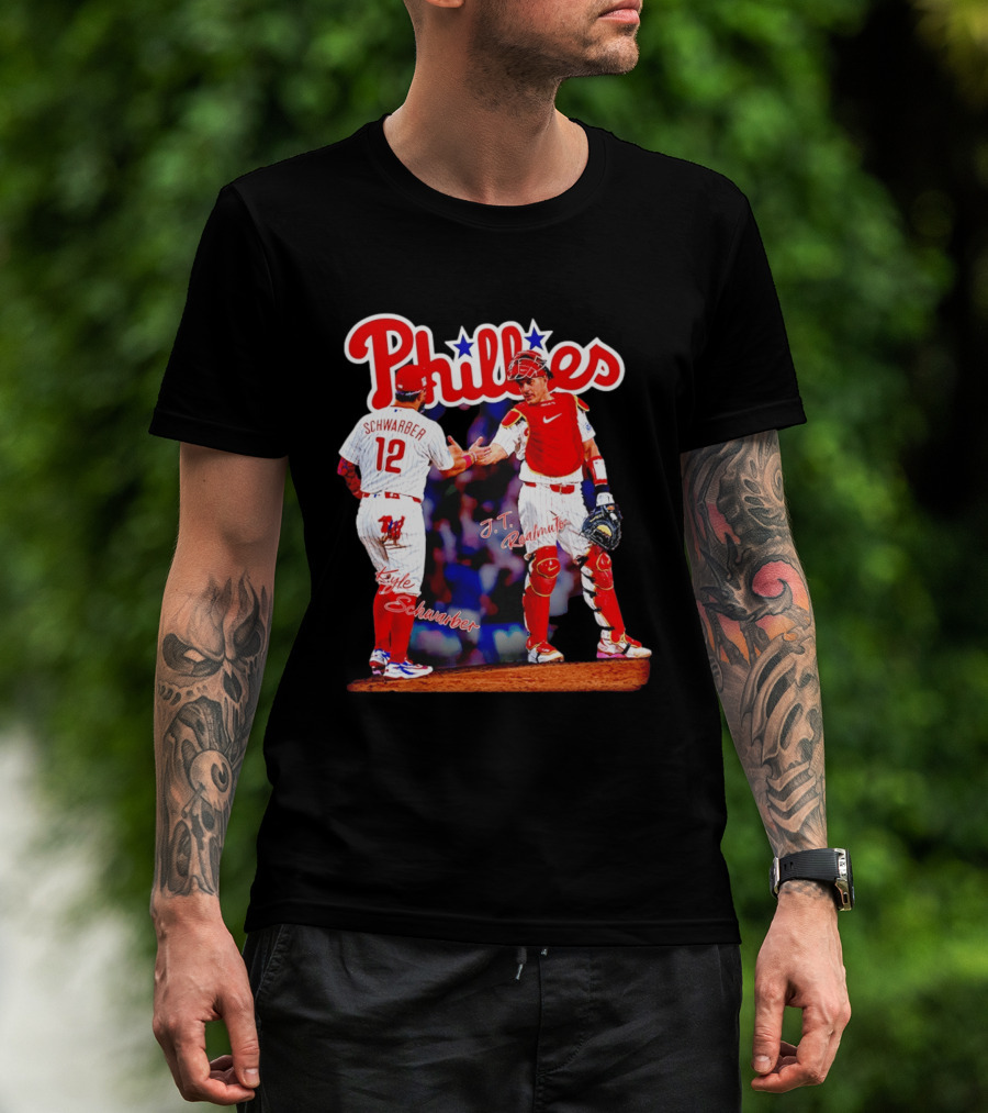 Philadelphia Phillies Kyle Schwarber J Realmuto 12 Catcher Handshake T-Shirt