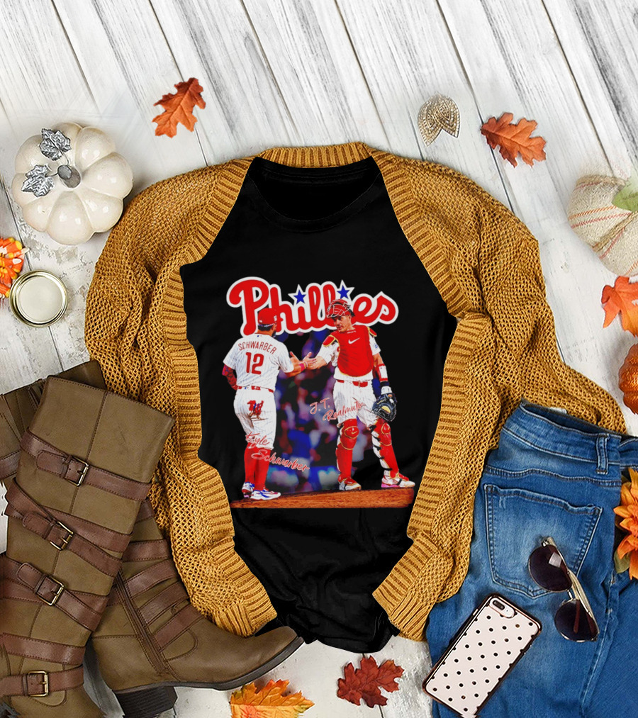 Philadelphia Phillies Kyle Schwarber J Realmuto 12 Catcher Handshake T-Shirt