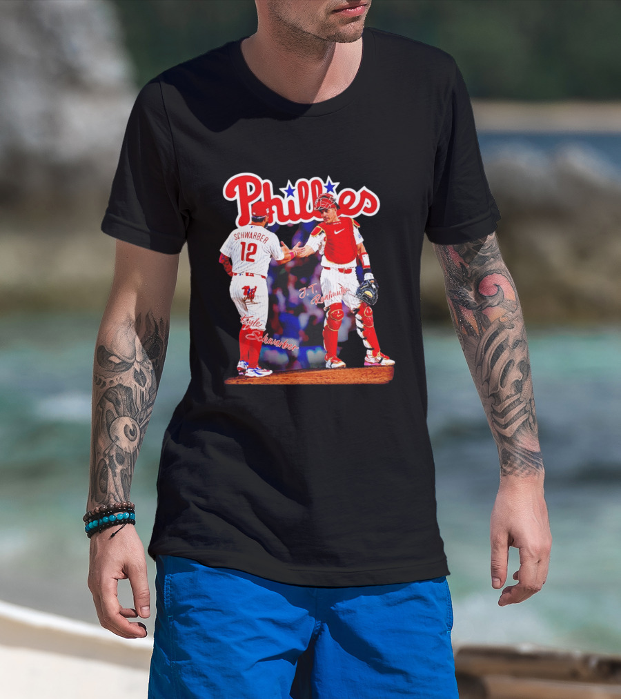 Philadelphia Phillies Kyle Schwarber J Realmuto 12 Catcher Handshake T-Shirt
