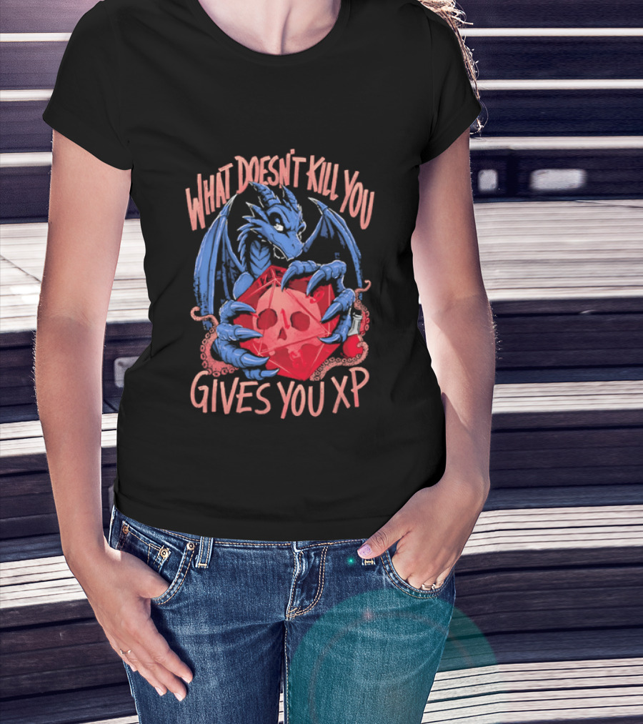 What Doesn't Kill You Gives You XP Blue Dragon Holding Red D20 Skull T-Shirt