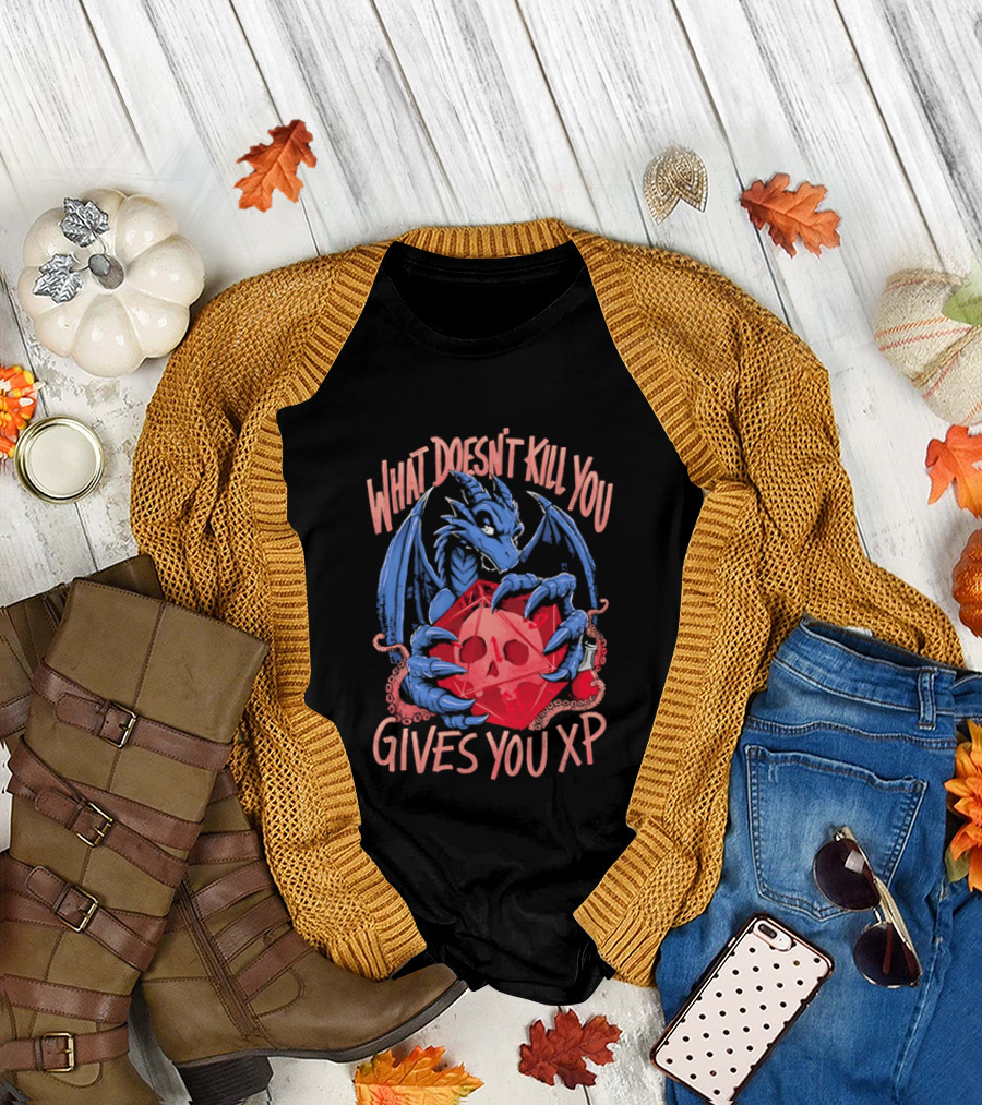What Doesn't Kill You Gives You XP Blue Dragon Holding Red D20 Skull T-Shirt
