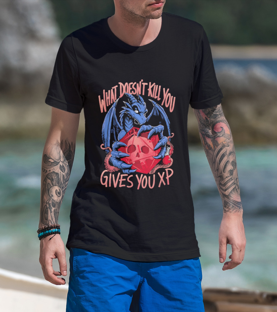 What Doesn't Kill You Gives You XP Blue Dragon Holding Red D20 Skull T-Shirt